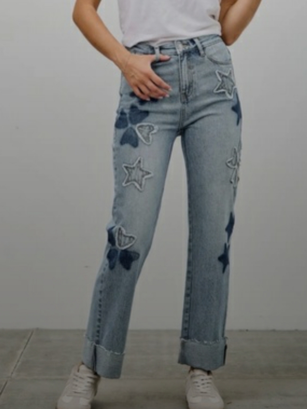 Saige Denim "Freya" High Rise Star & Heart Patched  Straogjt Leg Jeans